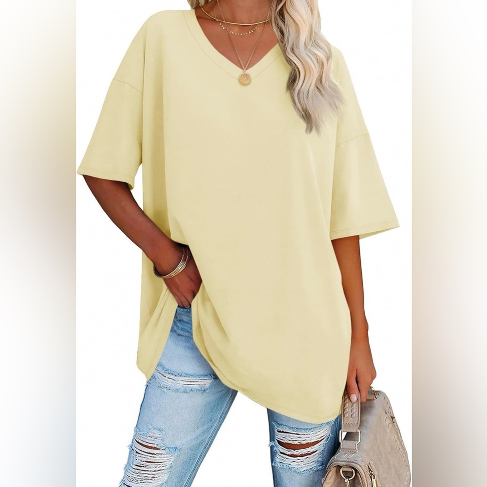 Women's Oversized V-Neck Cotton Tee Shirt, Loose Fit Tunic Top, Yellow - NWT